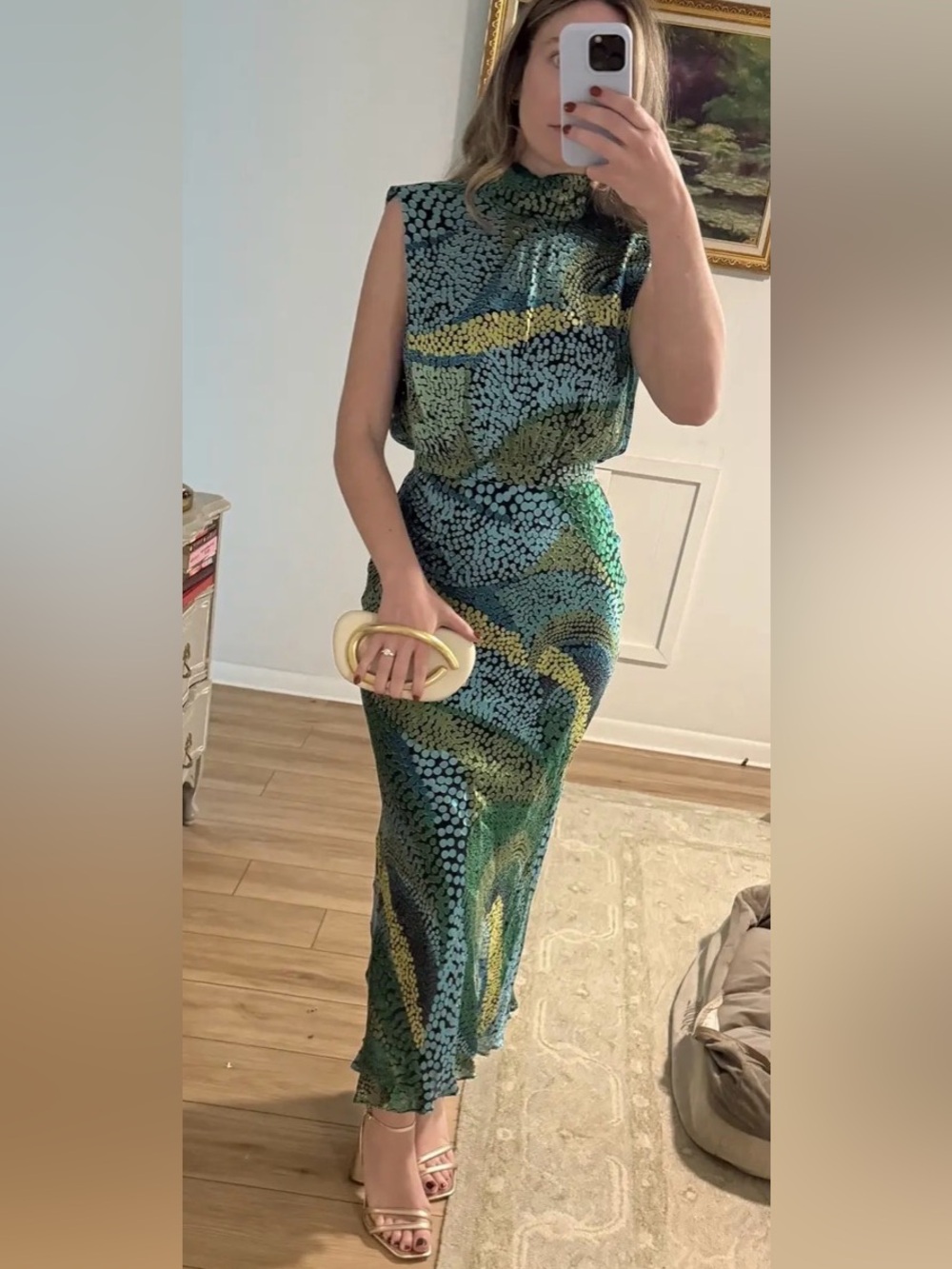 SALONI Fleur Dot Print Dress Sleeveless High-Neck Green Patterned Maxi US 12 - Picture 10 of 17